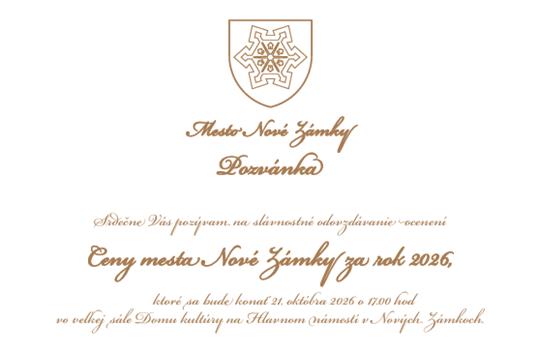 Pozvánka na slávnostné odovzdávanie ocenení Ceny mesta Nové Zámky za rok 2026